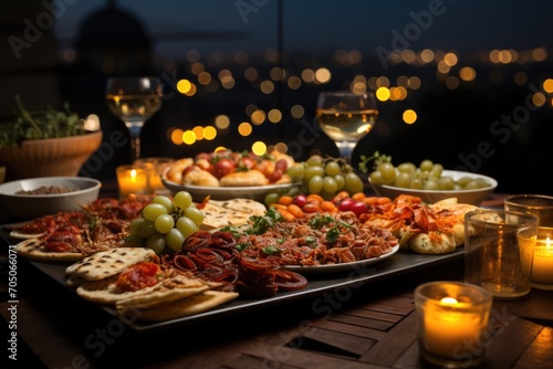 Antipasto at a roof party in Naples  with panoramic views of the city at night.  generative IA
