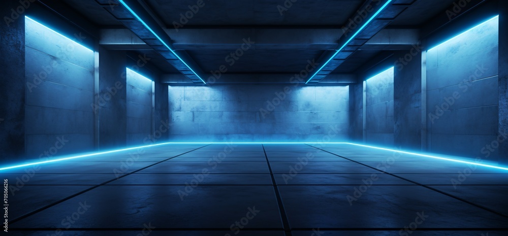 A large, empty room with blue neon lights Generative AI