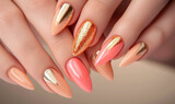 nail design with golden accents on peach and pink polish