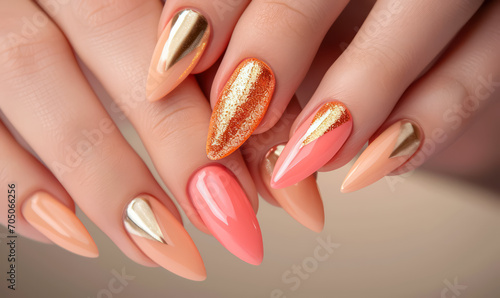 nail design with golden accents on peach and pink polish photo