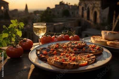 Bruschetta of tomatoes on a terrace overlooking the ruins of Pompeii, with history everywhere., generative IA