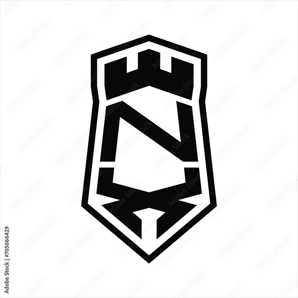 NX Letter Logo monogram hexagon shield shape up and down with crown castle isolated style design NX Letter Logo monogram hexagon shield shape up and down with crown castle isolated style design