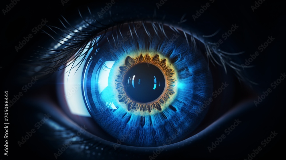 A close-up of a human eye with a blue iris Generative AI A close-up of a human eye with a blue iris Generative AI