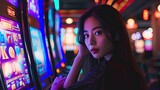 Asian woman gambling in casino playing on slot machines spending money. Gambler addict to spin machine. Asian girl player, nightlife lifestyle