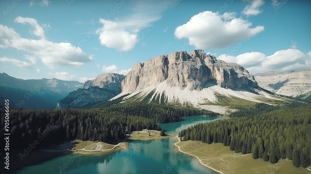 Naklejka premium Big blue lake. Beautiful morning view. famous resort area located in the Valley.. The world of beauty.