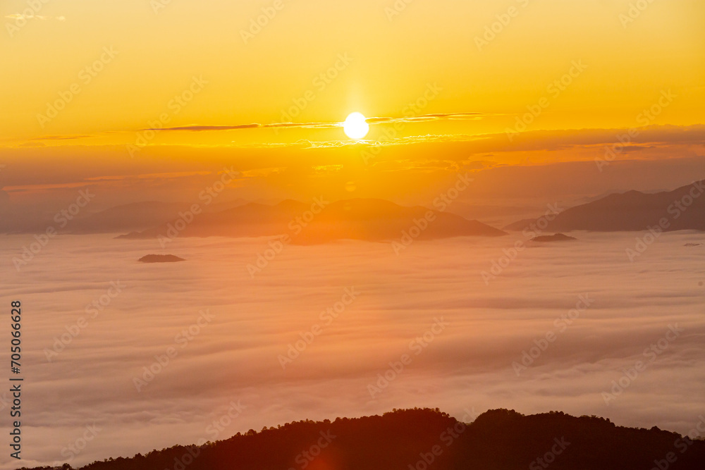 Mountain forest landscape in morning light with mist at sunrise Mountain forest landscape in morning light with mist at sunrise