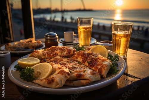Calzone in a seaside pizzeria in Venice, with the sound of the waves breaking., generative IA