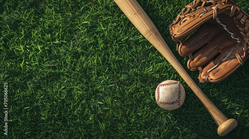 Baseball bat, glove and ball on green grass field. Sport theme background with copy space for text and advertisment  photo