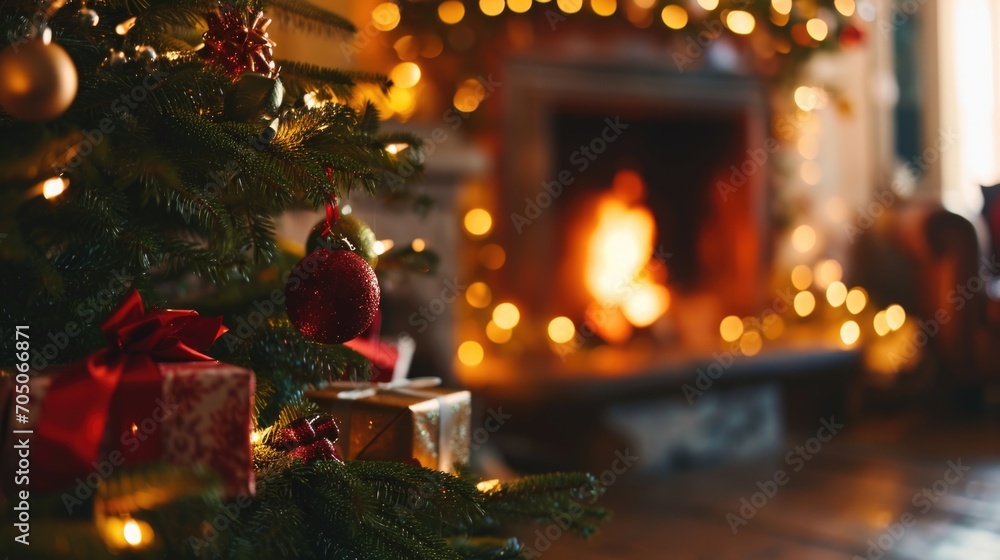 A festive Christmas tree adorned with presents in front of a warm and cozy fireplace. Perfect for holiday-themed designs and decorations A festive Christmas tree adorned with presents in front of a warm and cozy fireplace. Perfect for holiday-themed designs and decorations