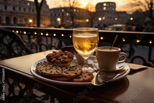 Cappuccino and Cannoli in a coffee overlooking the Rome Coliseum, with ancient architecture., generative IA