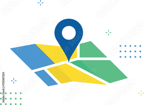 Location Folded Paper Map, Search Bar and Pin Isolated. Blue GPS Pointer Marker Icon. GPS and Navigation Symbol. Element for Map, Social Media, Mobile Apps.