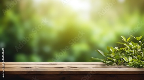 Serene nature retreat: empty wooden deck surrounded by lush greenery - peaceful garden background for design projects