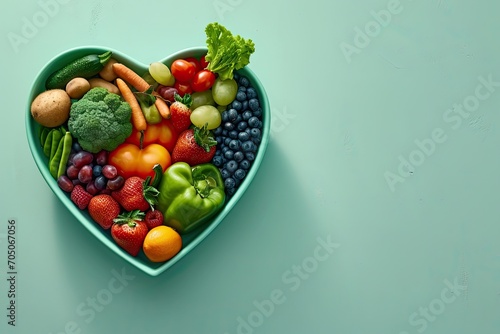 Heartfelt nutrition. Assortment of fresh organic fruits and vegetables arranged in shape of heart promoting healthy lifestyle and nutrient rich diet for wellness enthusiasts