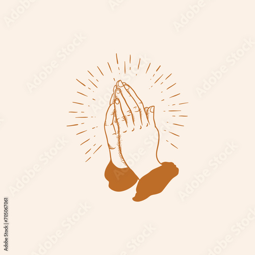 Vector illustration of hands praying for God. hand drawing of jesus - black and gold vector