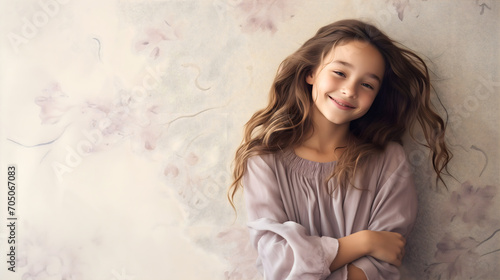 One cute and beautiful little girl studio portrait photography, wearing a pink dress. Young female child model smiling and looking at the camera © Nemanja