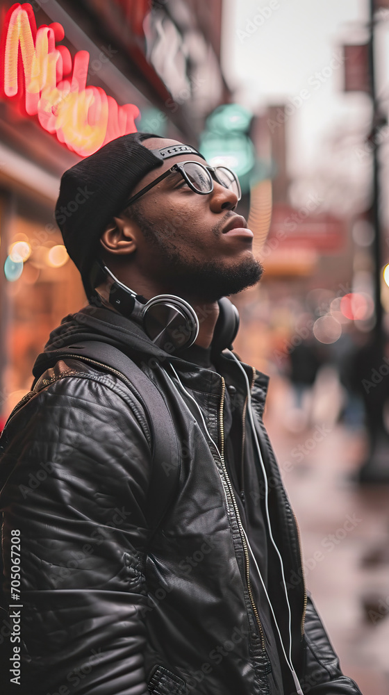 Urban Vibes: A Handsome Black Man Enjoying Music with Headphones in the City, Immersed in the Rhythms of the Urban Environment Urban Vibes: A Handsome Black Man Enjoying Music with Headphones in the City, Immersed in the Rhythms of the Urban Environment