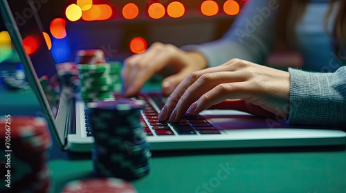 Close up cropped photo of girl hands using her laptop for playing poker online. 