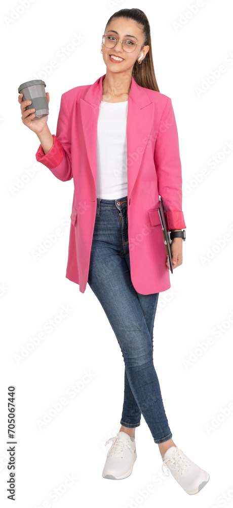 Fototapeta premium Full length portrait of smiling businesswoman. Carrying clipboard and cup of coffee. Wear earbuds. Standing isolated transparent png background. Copy space.