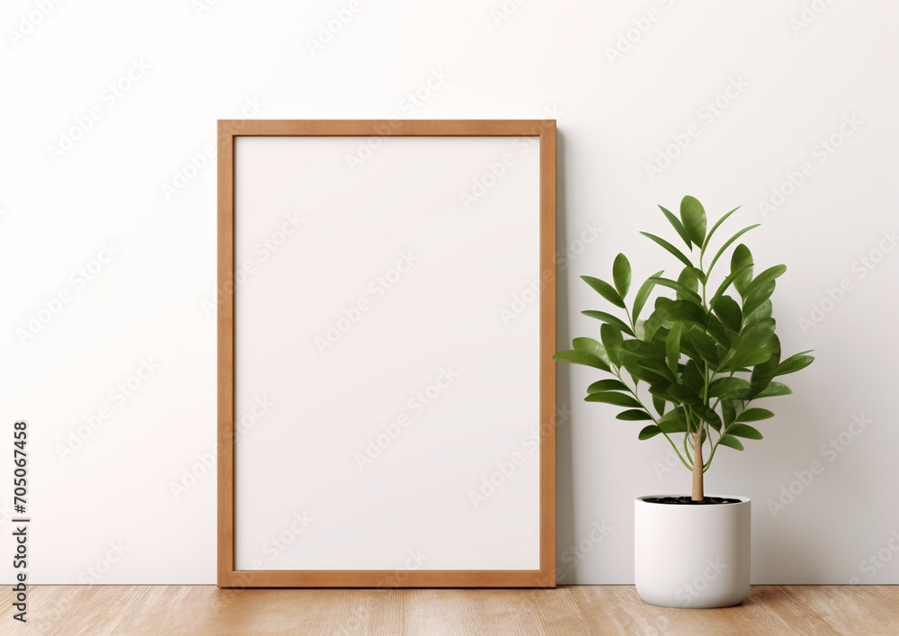 A white picture frame with a blank canvas and a potted plant in the background Generative AI A white picture frame with a blank canvas and a potted plant in the background Generative AI