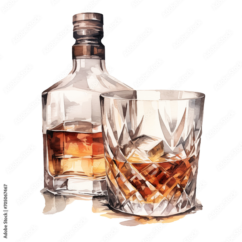 Whiskey on the rocks in a glass, drink with ice next to a bottle ...