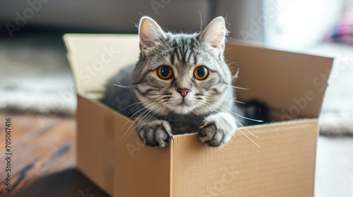 Cute grey tabby cat in cardboard box on floor at home  © buraratn