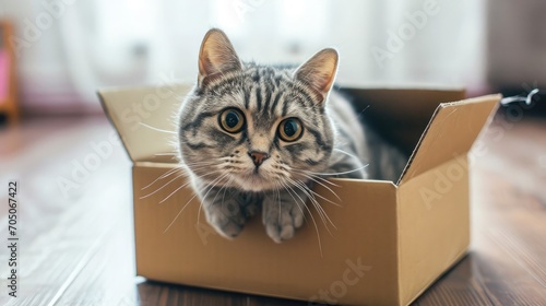 Cute grey tabby cat in cardboard box on floor at home 