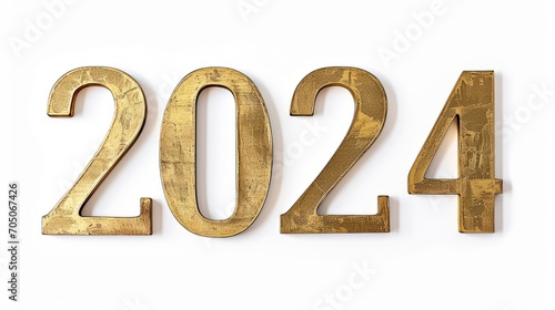 Silvester New Year, New Year's Eve 2024 party event celebration holiday greeting card template - Closeup of gold glittering metal metallic 3d year number, isolated on white background
