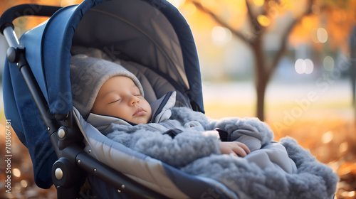 Cute toddler newborn, male boy child or kid sleeping or napping in the stroller baby carriage, resting in autumn nature in a pram pushchair outdoors. Fall season, infant dreaming in perambulator photo