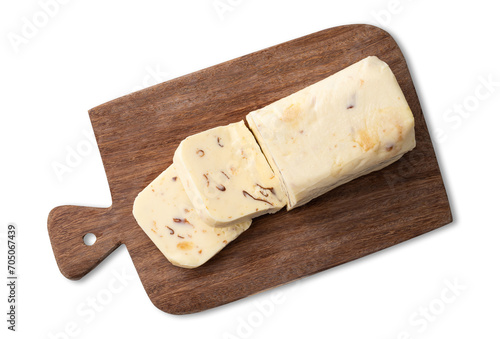 Requeijao de corte, traditional brazilian country cream cheese over wooden board isolated over white background
