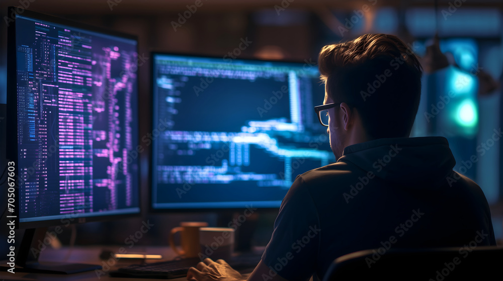 Man working on a computer late at night in the dark, wearing glasses, looking at the pc monitor screen display, coding professional, programming occupation, home office, new project, working alone Man working on a computer late at night in the dark, wearing glasses, looking at the pc monitor screen display, coding professional, programming occupation, home office, new project, working alone