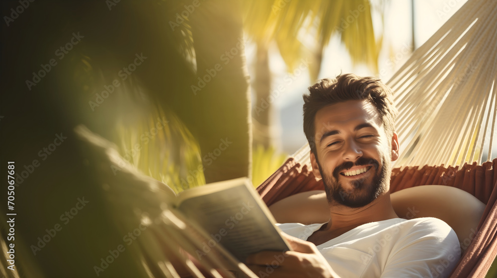 Happy resting in a hammock swing, reading a book, male outdoors beach relaxation. Exotic palm trees, leisure time activities, sunny summer day at the beach paradise island waterside - obrazy, fototapety, plakaty 