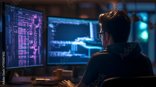 Man working on a computer late at night in the dark, wearing glasses, looking at the pc monitor screen display, coding professional, programming occupation, home office, new project, working alone