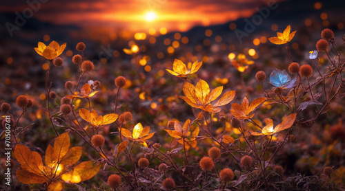 Восхитительный осенний пейзаж с цветами на закате. AI
