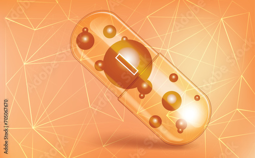 Minerals Iodine, I, vitamin inside a translucent capsule, trace element, on a brown gradient geometric background, a pattern of triangles, lines and dots. Medical information poster.