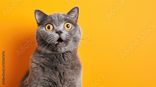 funny british shorthair cat portrait looking shocked or surprised on orange background with copy space © buraratn