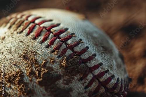 A detailed close-up shot of a baseball covered in dirt. Perfect for sports-related projects or articles about the game of baseball