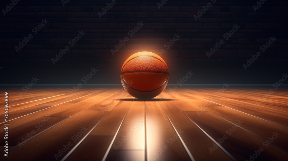 Basketball on a wooden court Generative AI - obrazy, fototapety, plakaty 