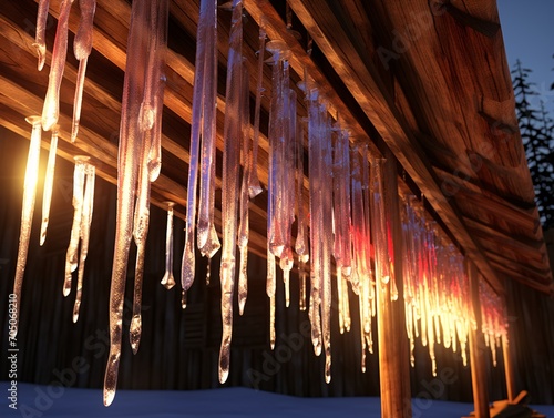 Crystal-like icicles hanging from a wooden structure Generative AI
