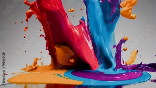 Sculptural splashes of colorful paint dynamically captured mid-air, with glossy blue, pink, yellow, and red hues intertwining in a vibrant dance. photo