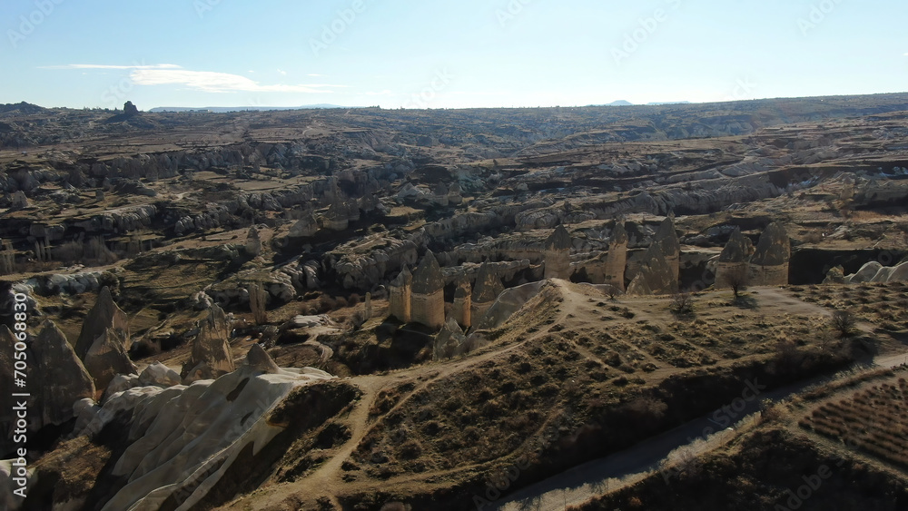 Aerial view of Cappadocian rock formations and valleys.