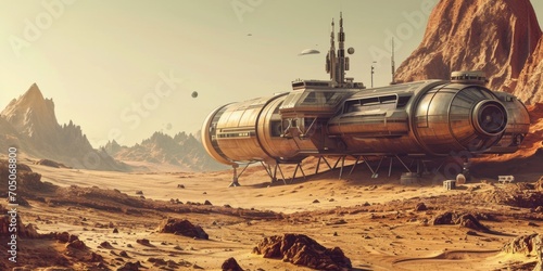 Fototapeta Naklejka Na Ścianę i Meble -  A futuristic space station standing alone in the middle of a vast desert. This image can be used to depict isolation, exploration, or the blending of technology and nature