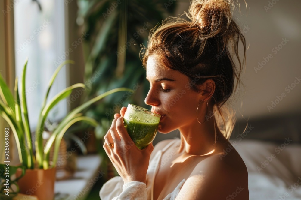 An enthusiastic woman sipping a green smoothie post-morning yoga session An enthusiastic woman sipping a green smoothie post-morning yoga session