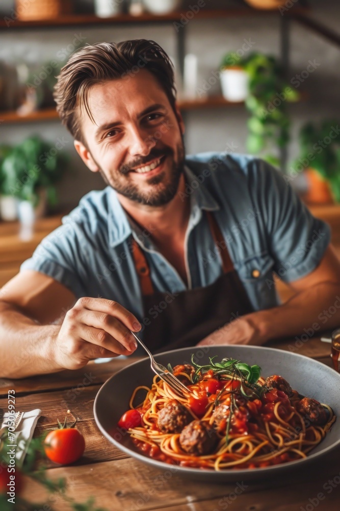 A man is seen sitting at a table with a plate of spaghetti. This image can be used to depict a person enjoying a meal or to illustrate food and dining concepts
