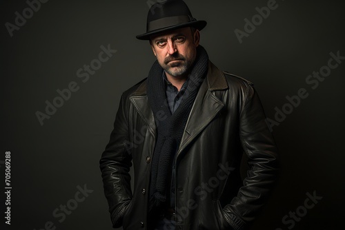 Handsome man wearing a top hat and leather jacket on a dark background