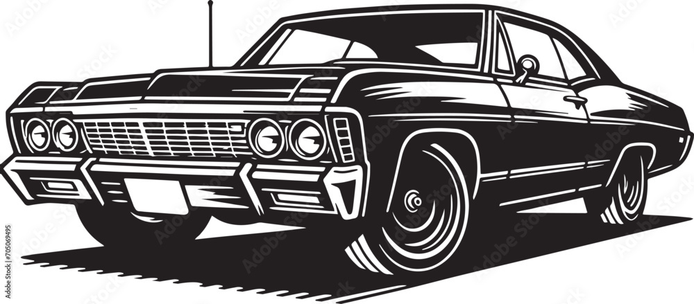 Classic 1960s Muscle Car  in a black vintage cartoonish style, designed to be smooth, polished, and poster art Vector SVG Line art car graphic