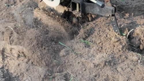 Wallpaper Mural Powerful cultivator, Tiller. Gardening. Spring work on the farm. Land cultivation with a Motor ripper. Man plows the ground. Spring soil preparation for seeding. Husbandman, grower. Moto plow working	 Torontodigital.ca