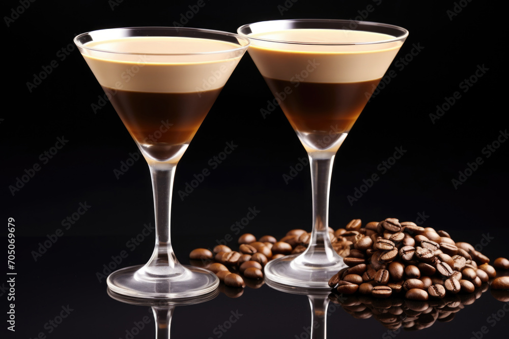 An alluring glass with a coffee-infused cocktail, elegantly resting on a dark, velvety surface, epitomizing refined indulgence An alluring glass with a coffee-infused cocktail, elegantly resting on a dark, velvety surface, epitomizing refined indulgence