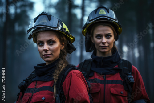 Brave Female Fire Rescuers: Compelling image portraying two brave women engaged in fire rescue amidst a forest ablaze © Konstiantyn Zapylaie
