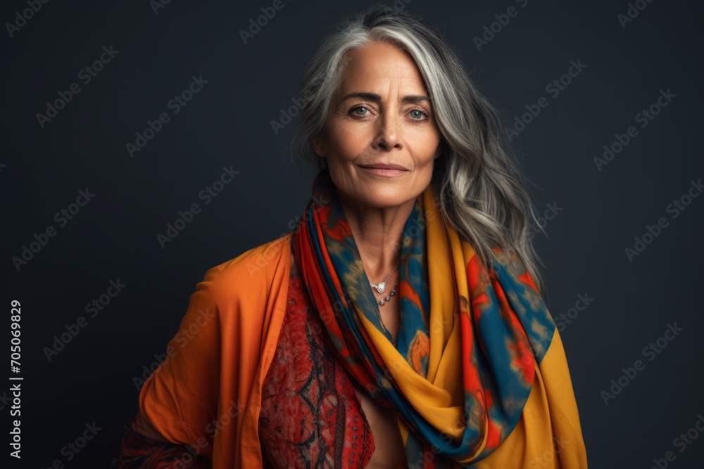 Portrait of a beautiful senior woman with gray hair and orange scarf.