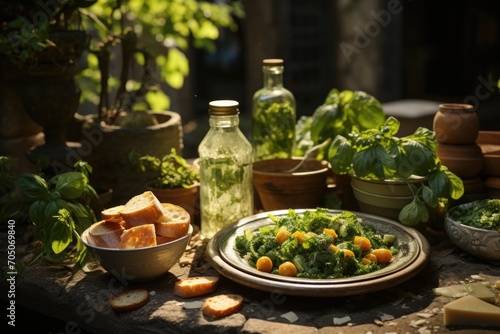 Gnocchi in pesto sauce in a secret garden in Milan, with sources and statues., generative IA